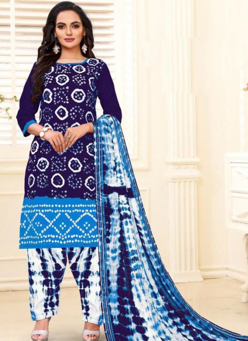 Designer Casual Printed Navy Blue and Sky Pure Cotton  Salwar Suit