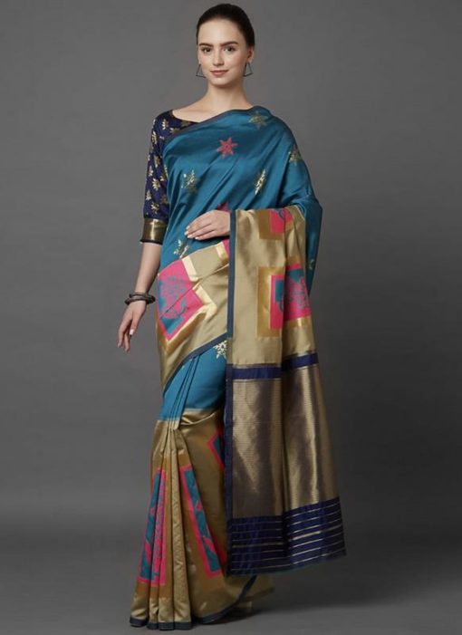 Designer Festival Blue And Beige Soft Silk Fancy Saree
