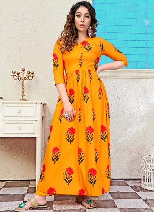 Partywear Designer Gold Yellow Pure Maslin Gown