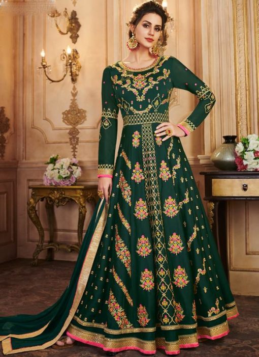Silk Designer Green Party Wear Floor Length Anarkali Suit