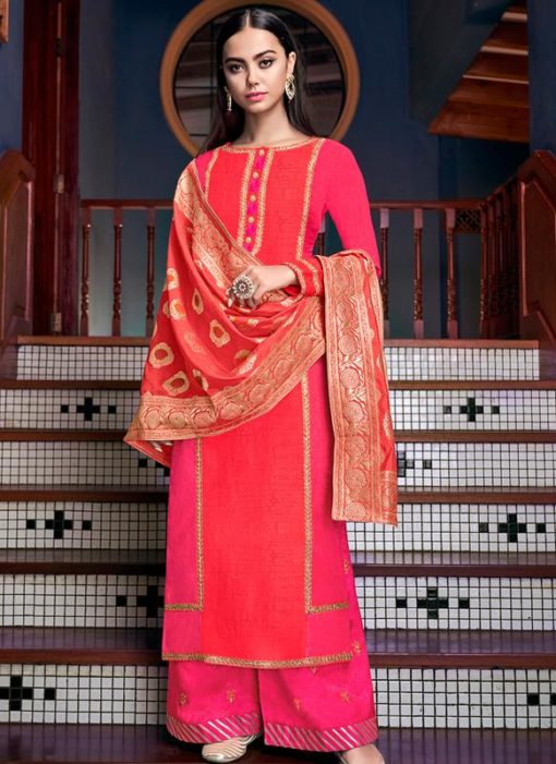 Pink Satin Designer Party Wear Palazzo Suit