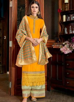 Yellow Designer Satin Party Wear Palazzo Suit