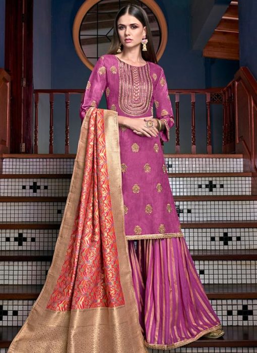 Pink Satin Designer Party Wear Palazzo Suit