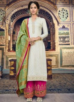 Lovley White Jacquard Embroidered Designer Palazzo Suit
