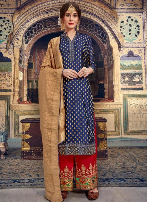 Glorious Blue Jacquard Embroidered Designer Palazzo Suit