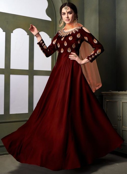 Maroon Silk Emboridered Designer Anarkali Suit