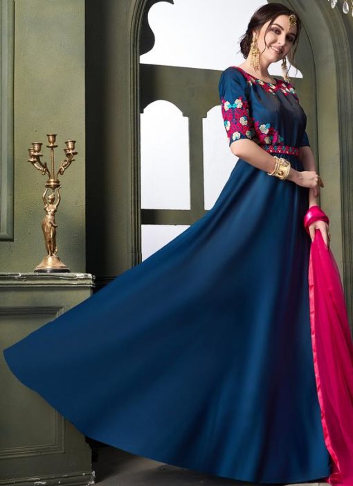 Blue Silk Embroidered Designer Anarkali Suit