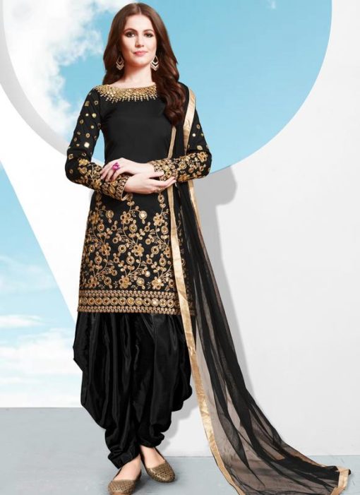 Black Tafeta Silk Designer Patiyala Salwar Suit