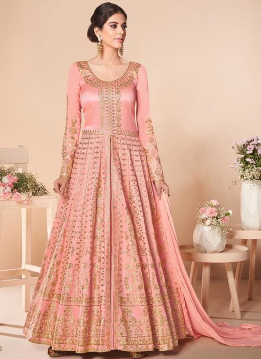 Beautiful Pink Silk Embroidered Work Wedding Anarkali Suit