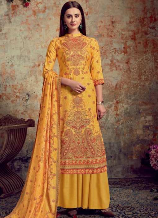 Lovely Yellow Jacquard Printed Designer Palazzo Suit