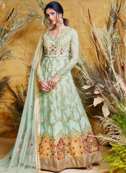 Lovely Sky Blue Fancy Net Designer Anarkali Suit