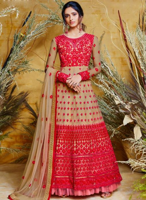 Glorious Beige Fancy Net Designer Anarkali Suit