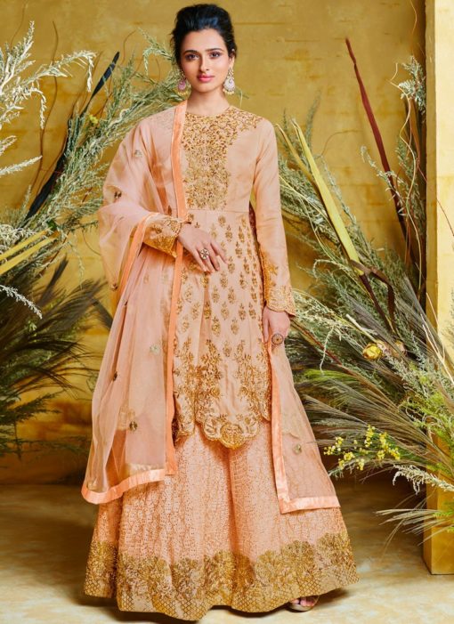 Amazing Peach Net Floor Length Anarkali Suit