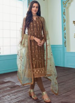 Charming Georgette Embroidered Brown Churidar Suit