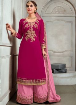 Fashionable Faux Georgette Hot Pink Embroidered Palazzo Salwar Suit