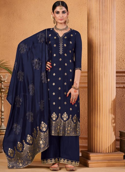 Outstanding Designer Palazzo Suit Dola Jacquard In Blue