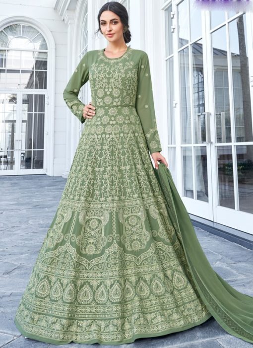 Stunning Green Georgette Embroidered Work Anarkali Suit