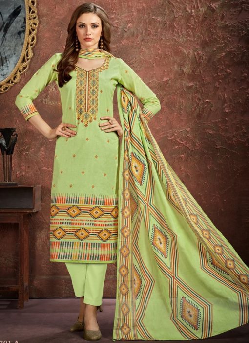 Elegant Green Cotton Printed Casual Wear Salwar Suit
