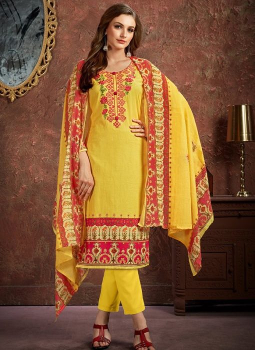 Fetching Yellow Cotton Printed Casual Wear Salwar Suit