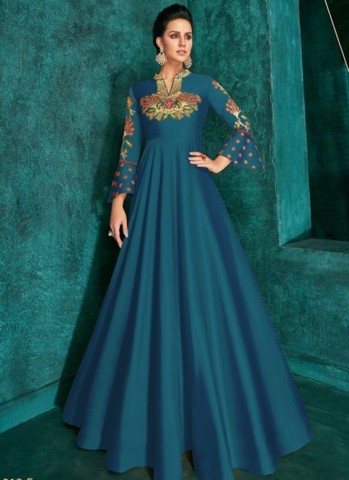 Attractive Sea Blue Silk Designer Party Wear Gown