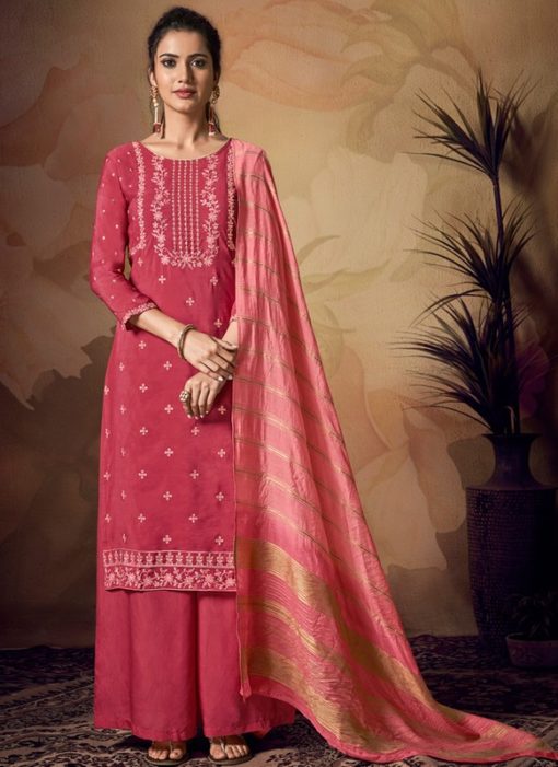 Charming Pink Viscose Embroidered Work Palazzo Suit
