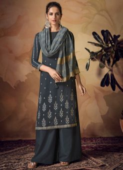 Mesmerizing Grey Viscose Embroidered Work Palazzo Suit
