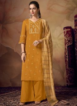 Lovely Yellow Viscose Embroidered Work Palazzo Suit