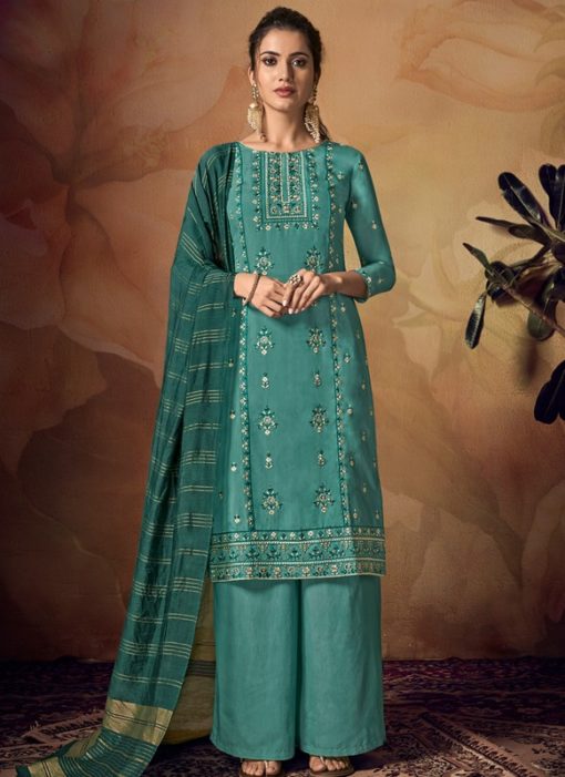 Blissful Blue Viscose Embroidered Work Palazzo Suit