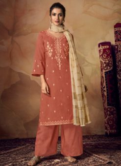 Amazing Peach Viscose Embroidered Work Palazzo Suit
