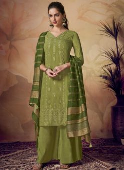 Graceful Green Viscose Embroidered Work Palazzo Suit