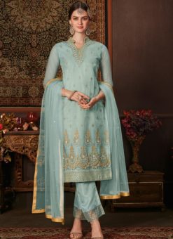 Lovely Sky Blue Net Embroidered Work Designer Salwar Suit