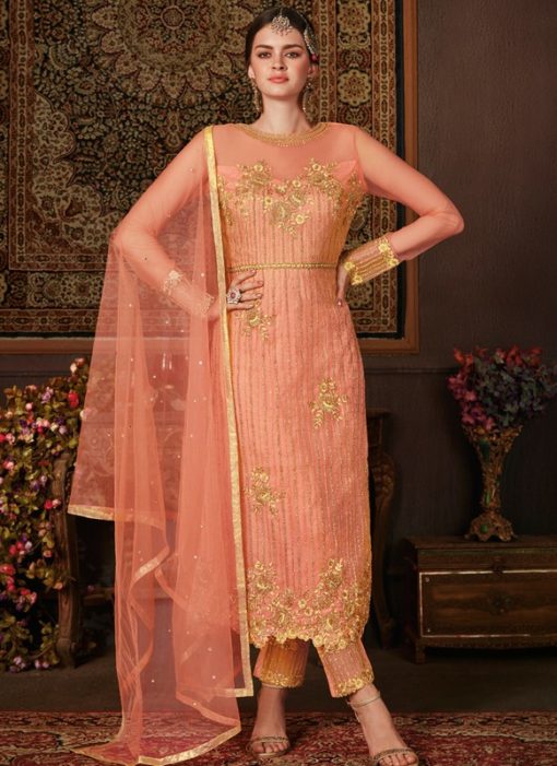 Fashionable Peach Net Embroidered Work Designer Salwar Suit