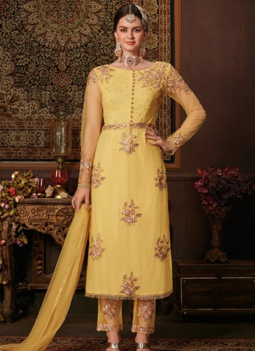 Gorgeous Yellow Net Embroidered Work Designer Salwar Suit