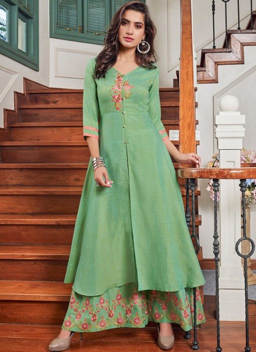 Stunning Green Cotton Party Wear Salwar Kameez