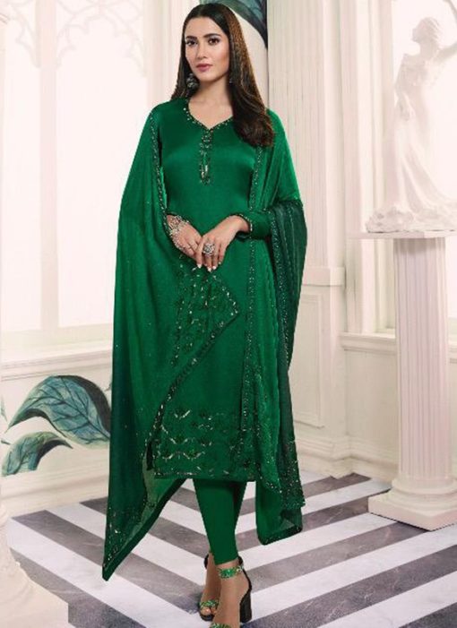 Exquisite Green Satin Designer Churidar Salwar Suit