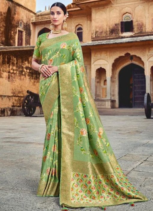 Shining Green Silk Zari Weaving Wedding Saree