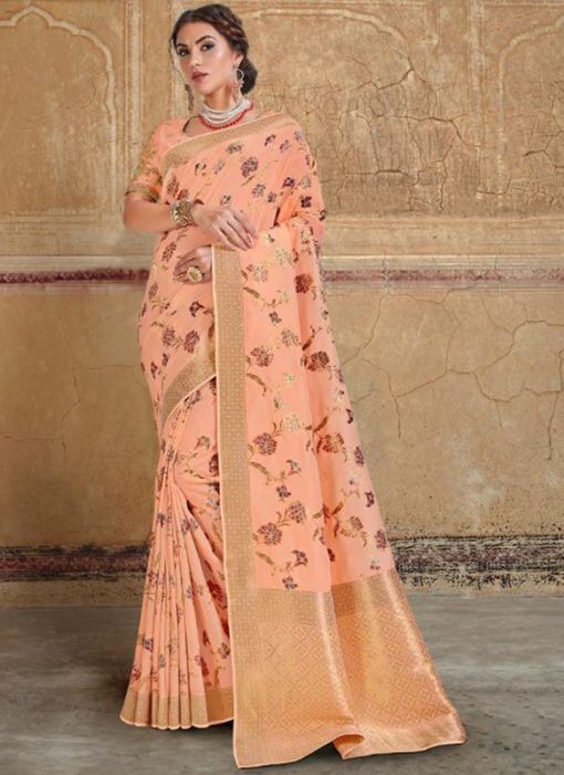 Fantastic Peach Silk Zari Weaving Wedding Saree