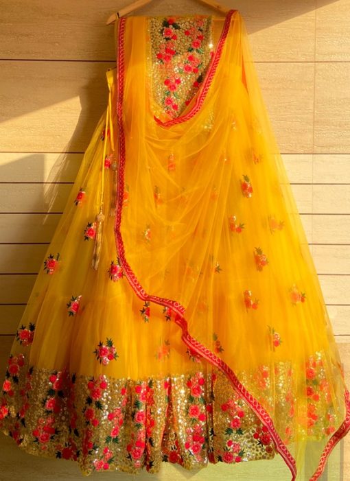 Designer Wedding Embroidery Yellow Soft Net Lahengha Choli