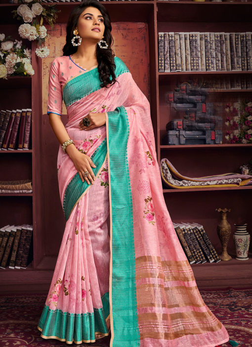 Alluring Pink Cotton Digital Printed Casual Saree
