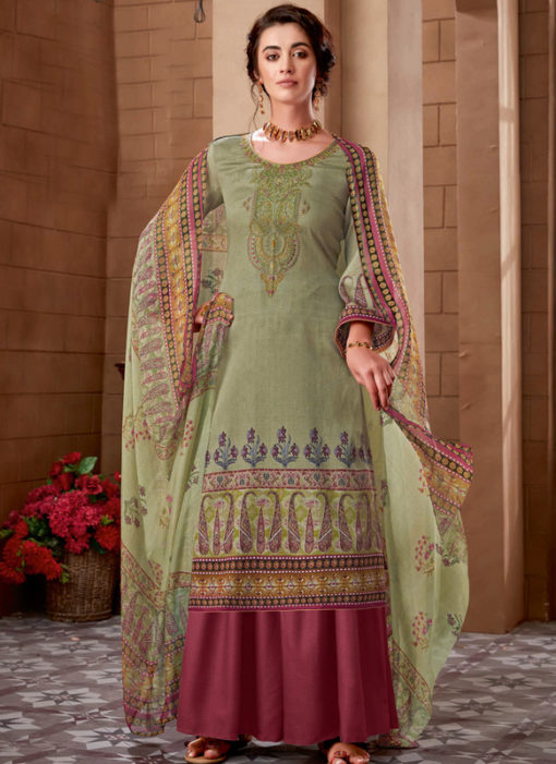 Khaki Green Cotton Digital Printed Casual Wear Salwar Kameez