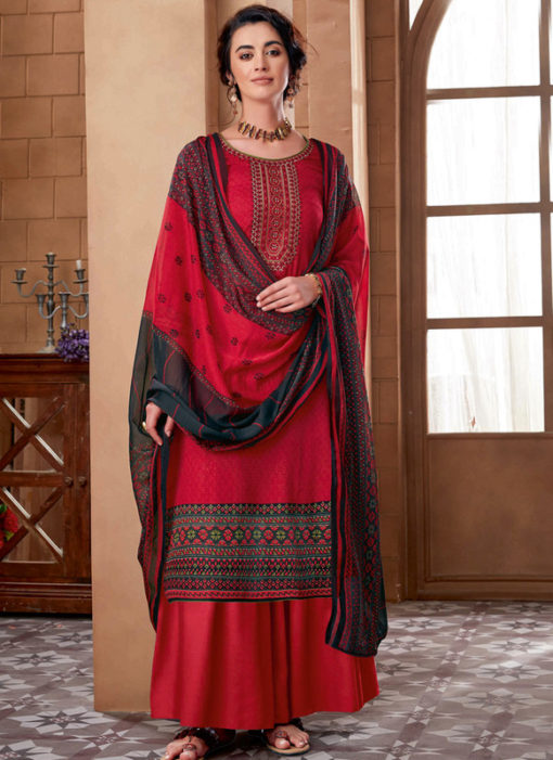 Red Cotton Digital Printed Casual Wear Salwar Kameez