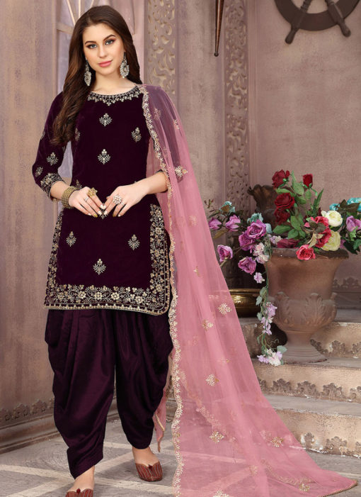 Elegant Dark Purple Velvet Designer Patiyala Suit