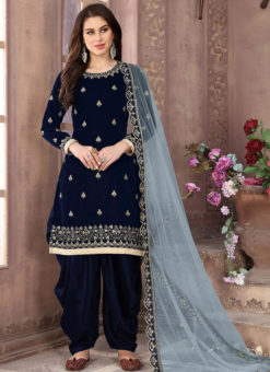 Amazing Navy Blue Velvet Designer Patiyala Suit