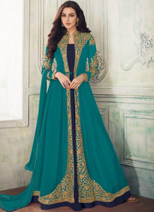 Attractive Sea Green Georgette Embroidered Work Anarkali Suit