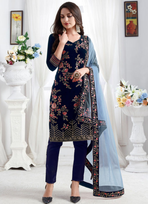 Embroidred Designer Party Wear Georgette Navy Blue Salwar Suits