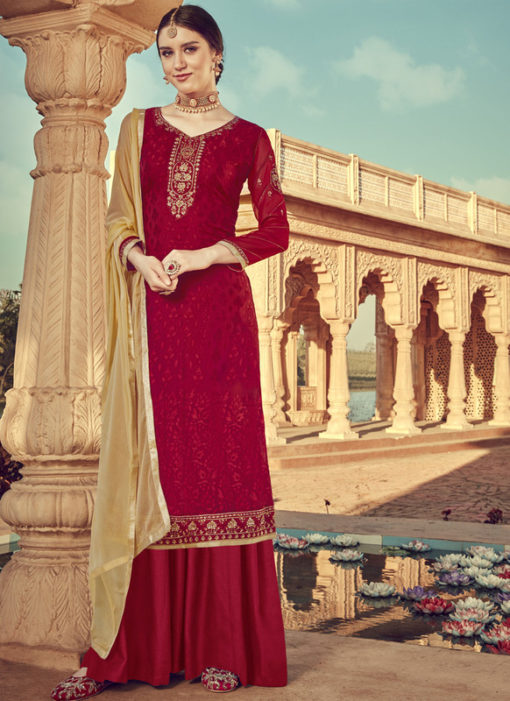 Luxurious Red Viscose Party Wear Palazzo Suit
