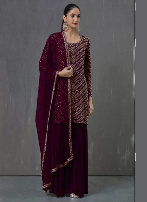 Elegant Violet Georgette Embroidered Work Pakistani Suit