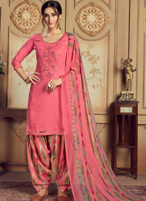 Alluring Rose Pink Jam Cotton Casual Wear Punjabi Salwar Suit