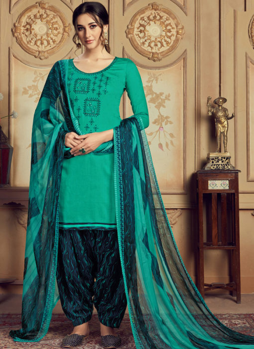 Amazing Sea Green Jam Cotton Casual Wear Punjabi Salwar Suit