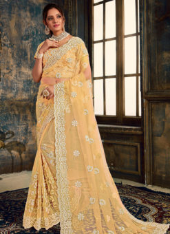 Lovely Yellow Net Wedding Wear Designer Saree